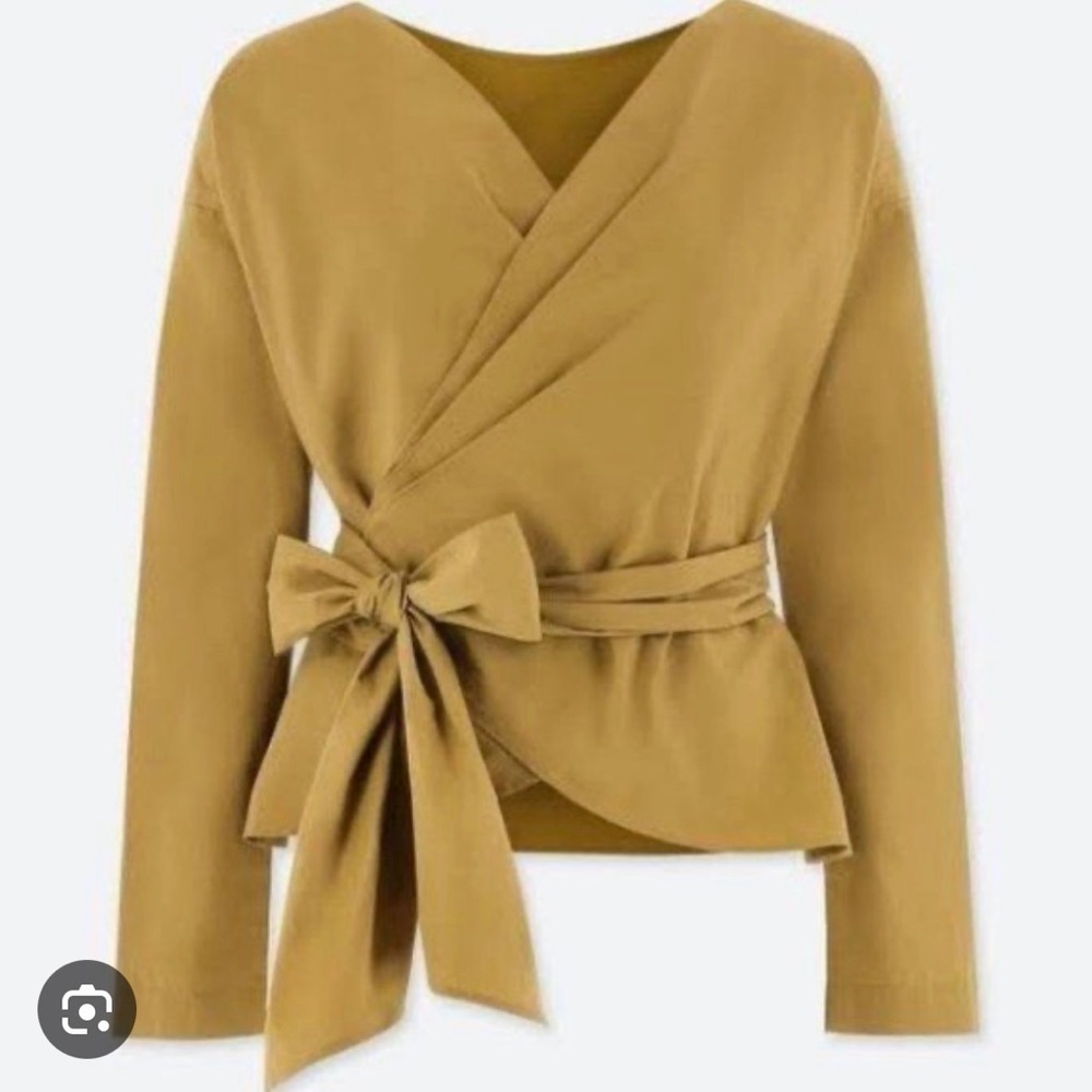 Uniqlo EUC Reversible 100% Cotton Chartreuse Olive Wrap Blouse Tie-Up Structured